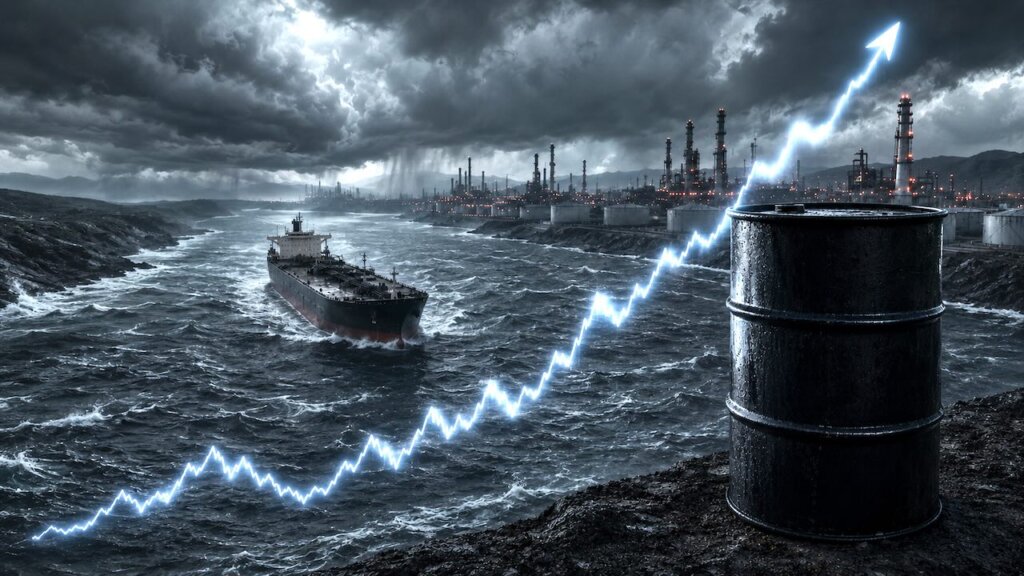 Tanker in der Straße von Hormus und eine steigende Ölpreis-Grafik