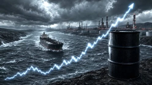 Tanker in der Straße von Hormus und eine steigende Ölpreis-Grafik
