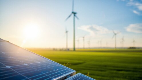 Teil einer Solaranlage vor unscharfen Windrädern