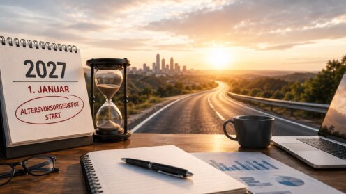 Schreibtisch mit Kalender zum 1. Januar 2027 und dem Hinweis „Altersvorsorgedepot Start“, daneben eine Sanduhr. Im Hintergrund führt eine Straße im Sonnenlicht in Richtung einer Stadt – als Symbol für den bevorstehenden Start und die Vorbereitung auf die neue Altersvorsorge.