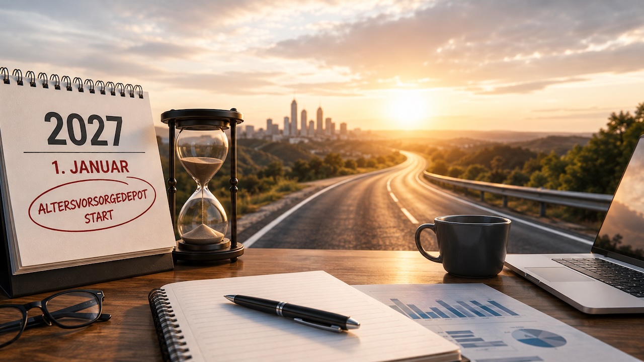 Schreibtisch mit Kalender zum 1. Januar 2027 und dem Hinweis „Altersvorsorgedepot Start“, daneben eine Sanduhr. Im Hintergrund führt eine Straße im Sonnenlicht in Richtung einer Stadt – als Symbol für den bevorstehenden Start und die Vorbereitung auf die neue Altersvorsorge.
