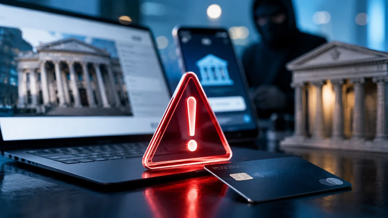 Laptop mit geöffneter Bankwebseite, Smartphone, Bankkarte und Warnsymbol als Symbolbild für Identitätsmissbrauch und Cyberbetrug im Finanzsektor.