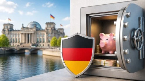Geöffneter Banktresor mit Sparschwein, Euro-Banknoten und Münzen neben einem Schild in den Farben der deutschen Flagge.