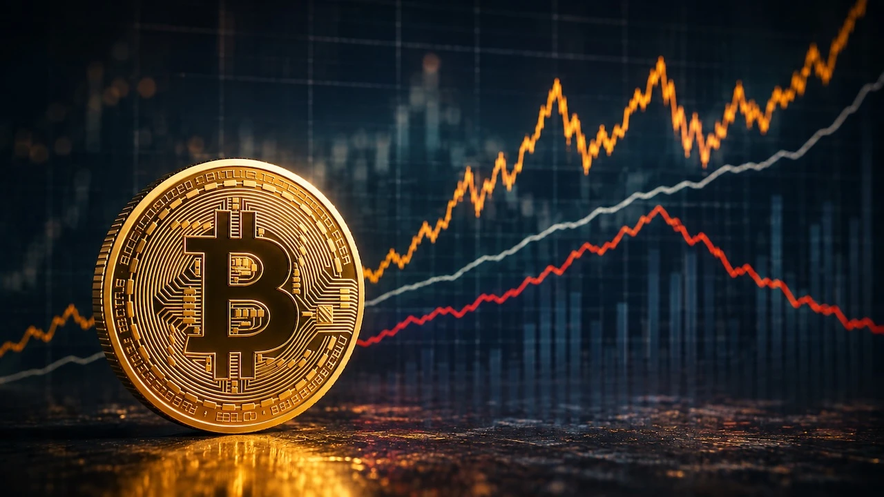 Bitcoin-Münze vor schwankender Börsenkurve, im Hintergrund ein Inflations-Chart als Vergleichslinie.