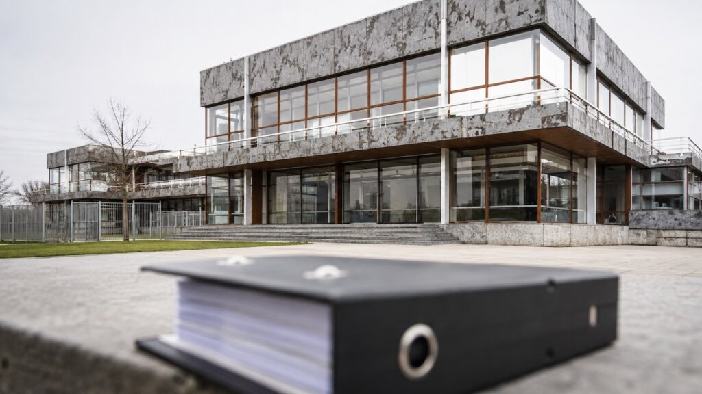 Fassade des Bundesverfassungsgerichts in Karlsruhe, im Vordergrund unscharf ein Aktenordner.