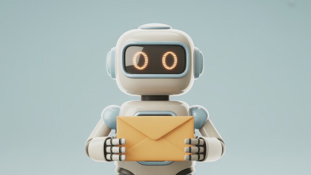 Animierter Roboter mit Briefumschlag in den Händen