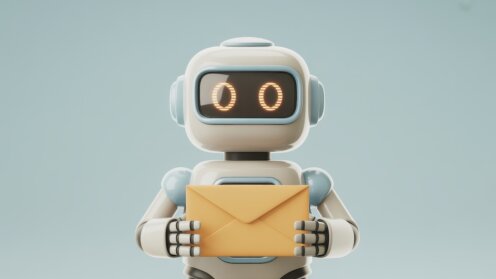 Animierter Roboter mit Briefumschlag in den Händen