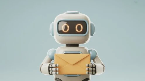 Animierter Roboter mit Briefumschlag in den Händen
