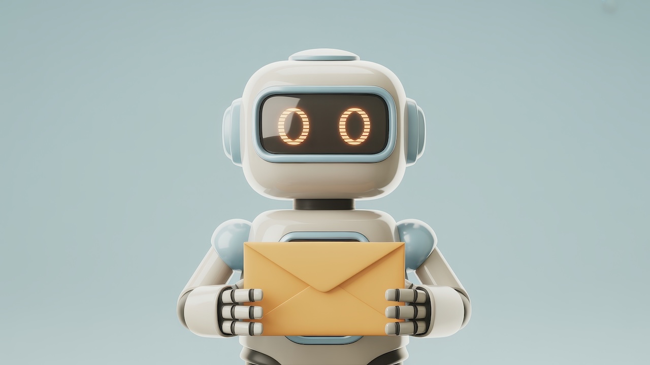 Animierter Roboter mit Briefumschlag in den Händen