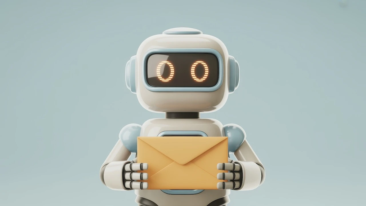 Animierter Roboter mit Briefumschlag in den Händen