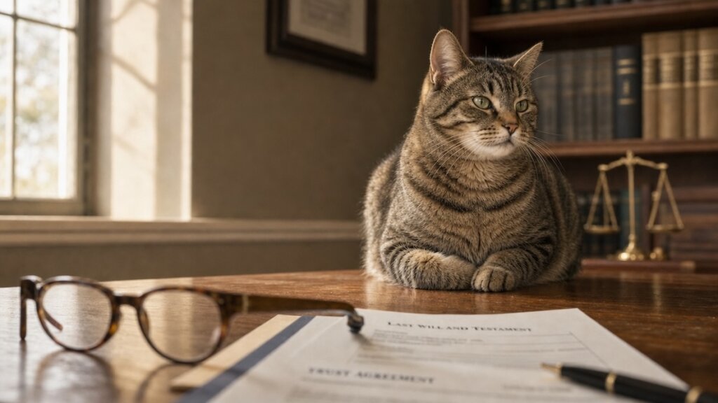 Eine Katze sitzt auf einem Tisch neben juristischen Dokumenten und symbolisiert Erbstreitigkeiten vor Gericht.