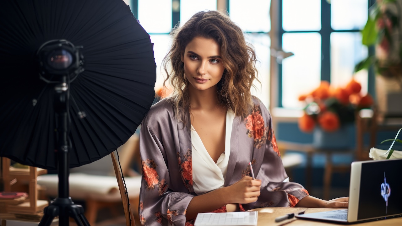 Junge Frau sitzt bei einem Fotoshooting an einem Schreibtisch vor Kamera und Studioschirm.