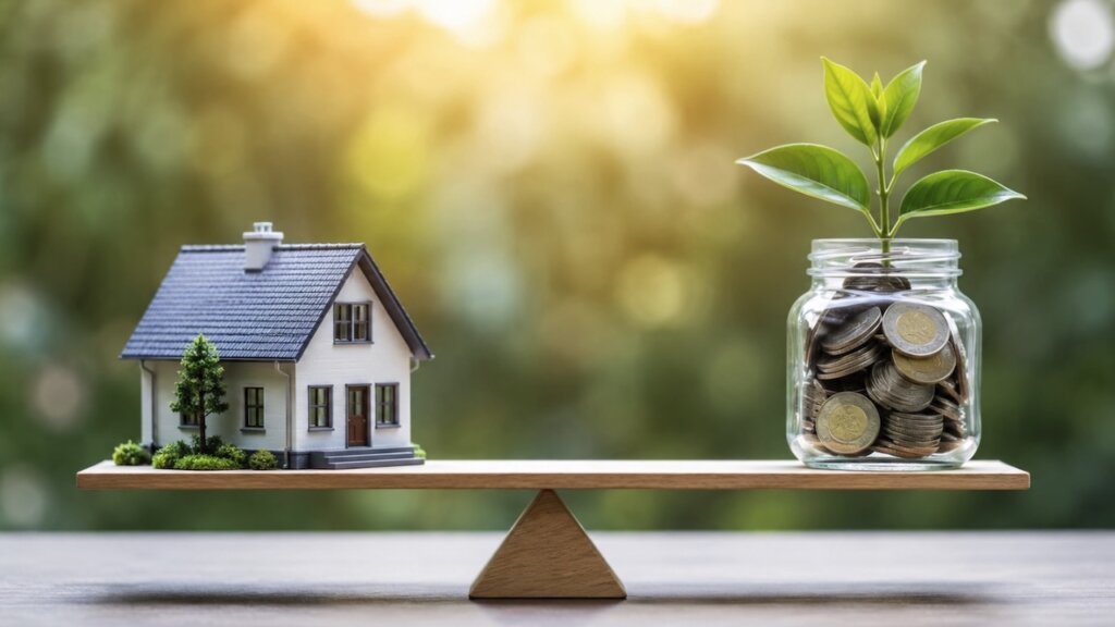 Modellhaus und mit Münzen gefülltes Sparglas mit Pflanze liegen auf einer Waage im Gleichgewicht.