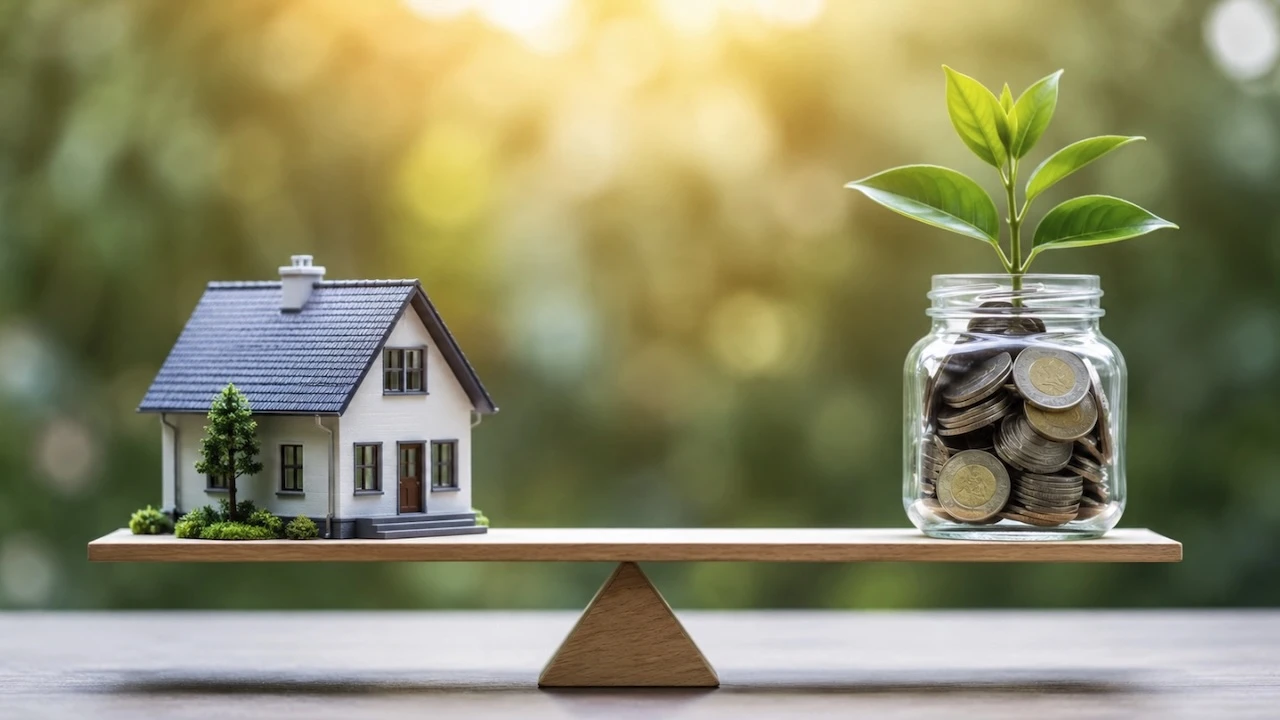 Modellhaus und mit Münzen gefülltes Sparglas mit Pflanze liegen auf einer Waage im Gleichgewicht.