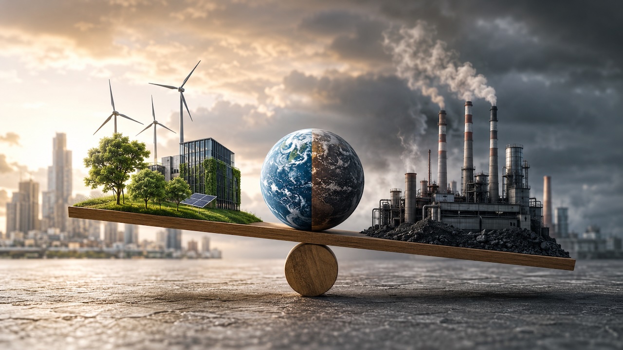 Symbolische Waage zwischen nachhaltiger Wirtschaft mit Windkraft und Solaranlagen auf der einen und emissionsintensiver Industrie mit rauchenden Schornsteinen auf der anderen Seite.