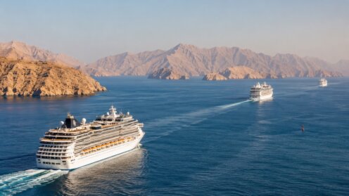 Mehrere Kreuzfahrtschiffe passieren die Straße von Hormus zwischen der arabischen Halbinsel und Iran.