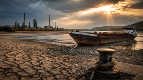 Frachtschiff auf einem extrem flachen Rhein vor einer Industrieanlage; große Teile des ausgetrockneten Flussbetts liegen frei.