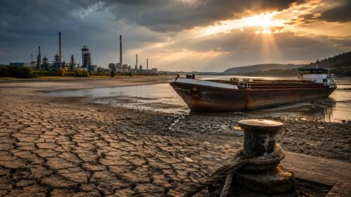 Frachtschiff auf einem extrem flachen Rhein vor einer Industrieanlage; große Teile des ausgetrockneten Flussbetts liegen frei.