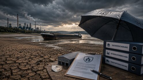 Versicherungsunterlagen und Schutzsymbol vor einem ausgetrockneten Rheinbett mit Frachtschiff und Industrieanlagen im Hintergrund.