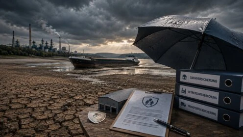 Versicherungsunterlagen und Schutzsymbol vor einem ausgetrockneten Rheinbett mit Frachtschiff und Industrieanlagen im Hintergrund.