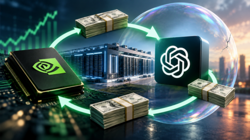 Symbolbild zur zirkulären KI-Finanzierung: NVIDIA-Chip, OpenAI-Logo, Rechenzentrum und Dollarbündel sind durch einen Kreislauf aus Pfeilen verbunden; im Hintergrund deutet eine große, rissige Blase auf mögliche Bewertungsrisiken hin.