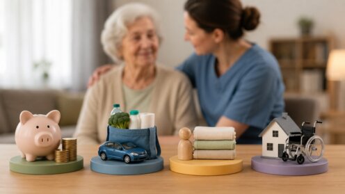Ältere Frau mit Pflegekraft im Hintergrund, davor Symbole für Pflegegeld, Alltagshilfe, häusliche Unterstützung und Mobilität.