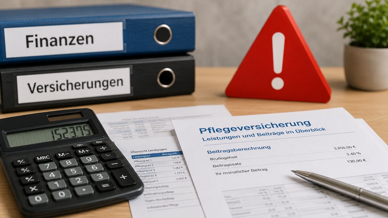 Taschenrechner und Finanzunterlagen zur Pflegeversicherung auf einem Schreibtisch, im Hintergrund ein rotes Warnsymbol.