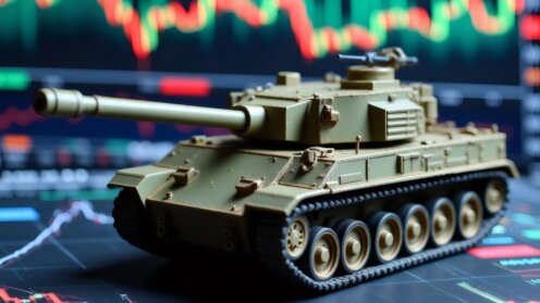 Modellpanzer im Fokus vor unscharfem Börsenchart mit roten und grünen Kurskerzen im Hintergrund – Symbolbild für Rüstungsaktien.
