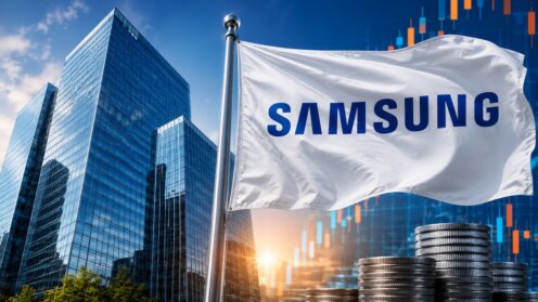 Weiße Samsung-Flagge vor modernen Bürogebäuden, Börsenkursen und gestapelten Münzen als Symbol für die Kapitalrückführung an Aktionäre.