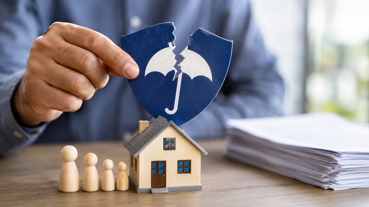Eine Hand hält ein zerbrochenes Schutzschild mit Regenschirm-Symbol über einem Modellhaus und einer Familie aus Holzfiguren.
