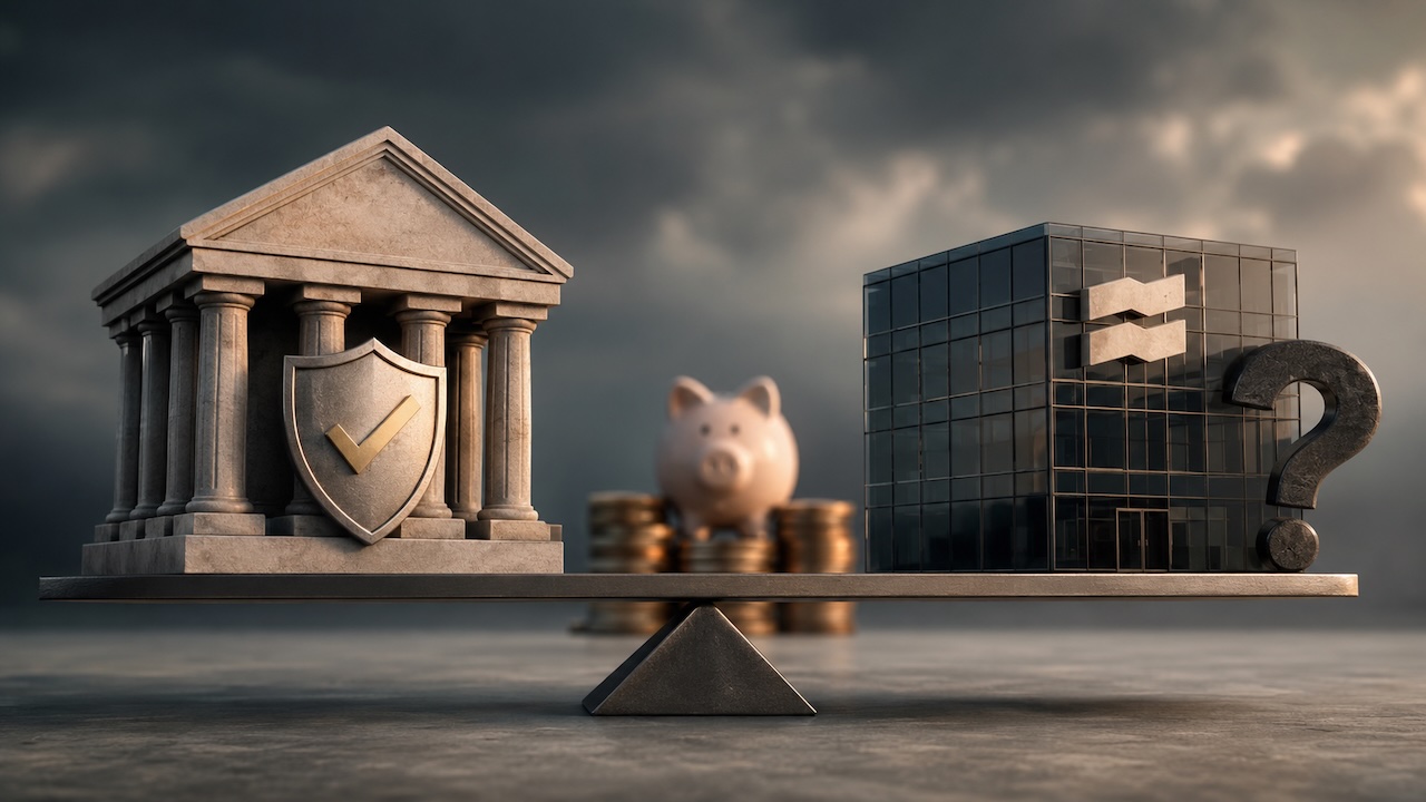 Symbolische Waage mit klassischem Bankgebäude und Schutzschild auf der einen sowie modernem Brokergebäude mit Fragezeichen auf der anderen Seite; im Hintergrund Sparschwein und Münzen.