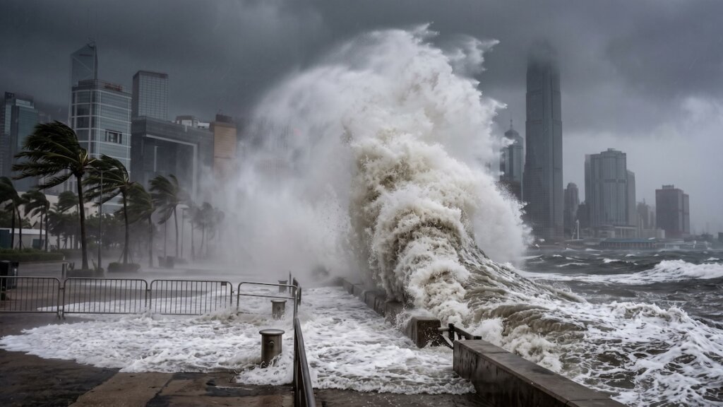 Eine gewaltige Sturmflut brandet während eines Taifuns gegen die Uferpromenade in Hongkong, während im Hintergrund unter einem dunklen, bewölkten Himmel starke Winde Palmen und Wolkenkratzer verbiegen