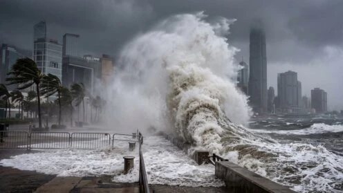 Eine gewaltige Sturmflut brandet während eines Taifuns gegen die Uferpromenade in Hongkong, während im Hintergrund unter einem dunklen, bewölkten Himmel starke Winde Palmen und Wolkenkratzer verbiegen