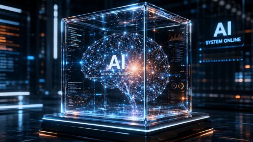 Digitales Gehirn in einem Glasquader (KI-Bild)