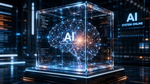 Digitales Gehirn in einem Glasquader (KI-Bild)