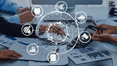 Modern budgeting and financial management icons showing finance, savings, tax, and planning. Budget supports business strategy, budget helps growth, and budgeting ensures financial control.