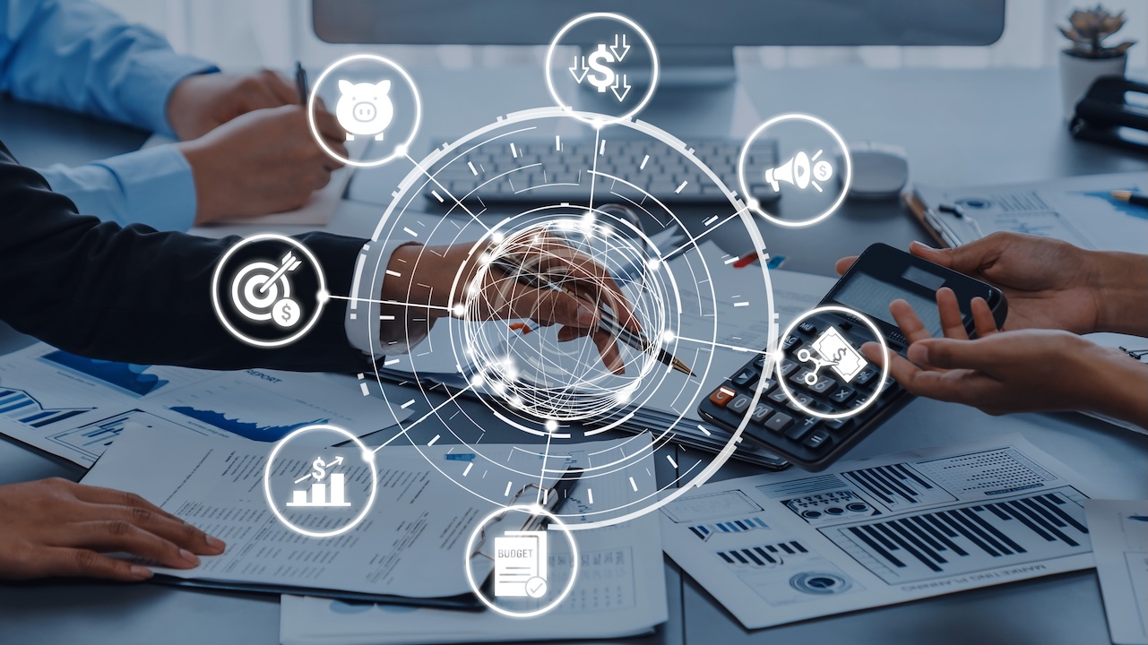 Modern budgeting and financial management icons showing finance, savings, tax, and planning. Budget supports business strategy, budget helps growth, and budgeting ensures financial control.