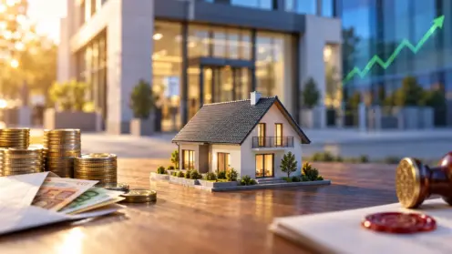 Modellhaus, Münzstapel und Geldumschlag vor einer Bankfassade mit ansteigender Kurve im Hintergrund