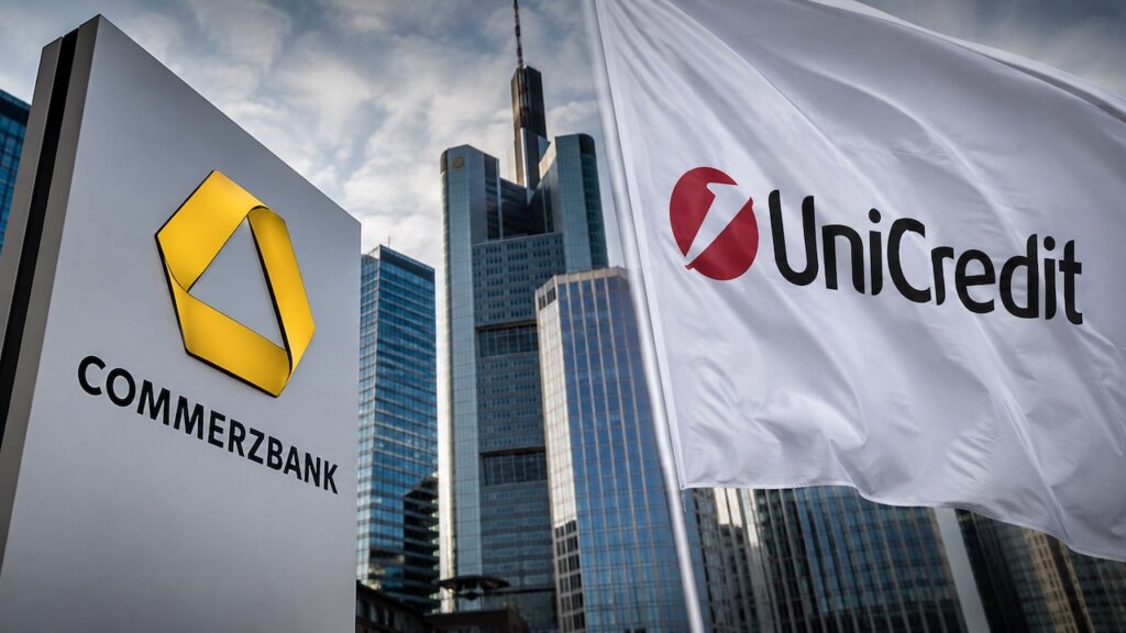 Logos von Commerzbank und Unicredit vor der Frankfurter Skyline.