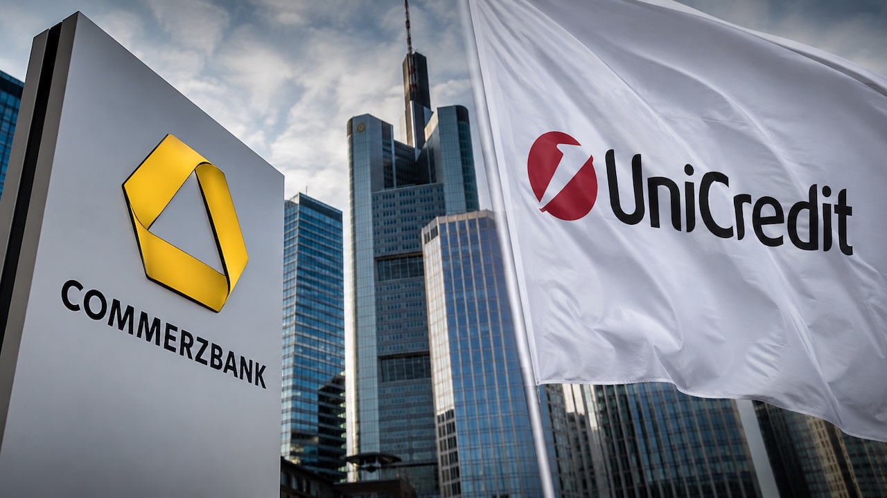 Logos von Commerzbank und Unicredit vor der Frankfurter Skyline.