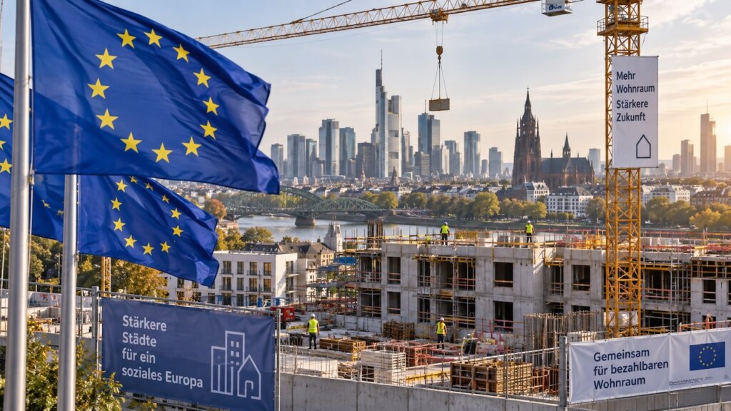 Baustelle für Wohnungsbau vor der Kulisse einer europäischen Großstadt mit EU-Flaggen im Vordergrund.