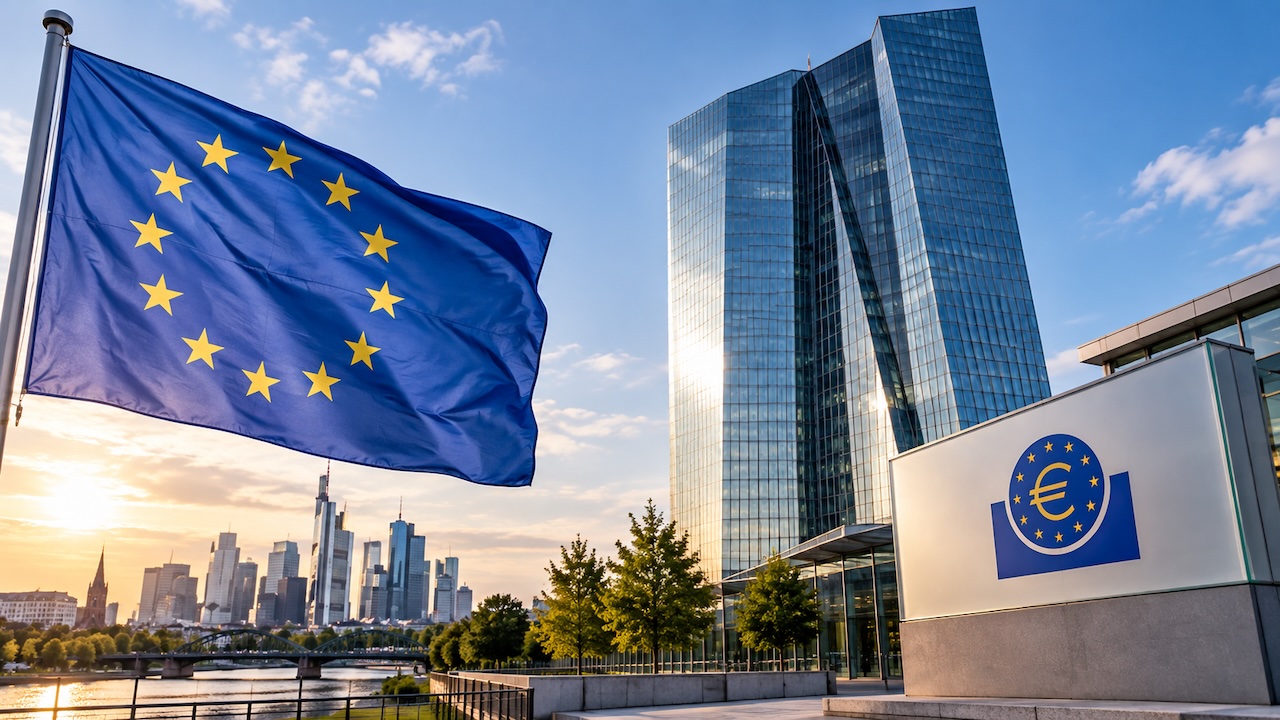 EZB-Gebäude in Frankfurt am Main mit Europa-Flagge, Symbolbild für die aktuelle Leitzinserhöhung der Europäischen Zentralbank.