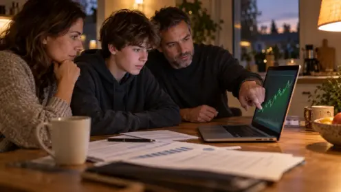 Familie sitzt am Küchentisch und bespricht anhand eines Laptops mit steigendem Chart die Altersvorsorge für das Kind
