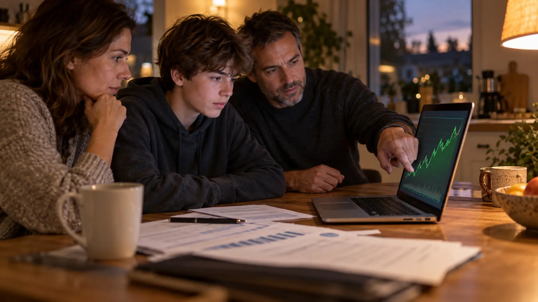 Familie sitzt am Küchentisch und bespricht anhand eines Laptops mit steigendem Chart die Altersvorsorge für das Kind
