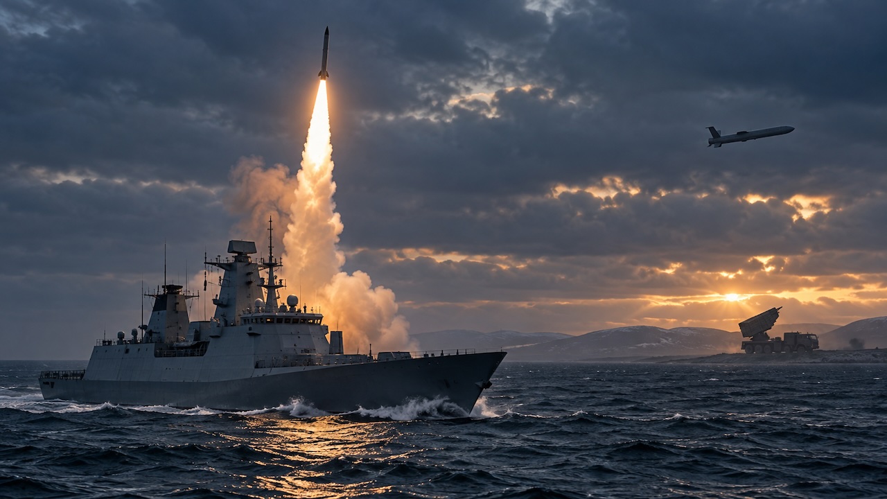 Deutsche Fregatte feuert bei rauer See eine Rakete ab; im Hintergrund sind ein Marschflugkörper und ein Raketenwerfer zu sehen.