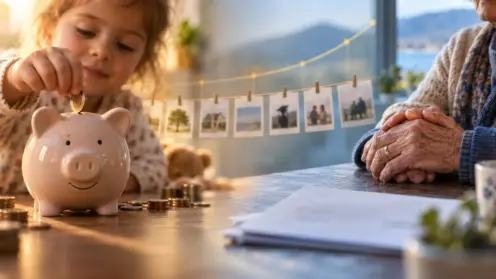 Montage aus Kinderhand am Sparschwein und Händen eines älteren Paares symbolisiert die Rentenreform über Generationen.