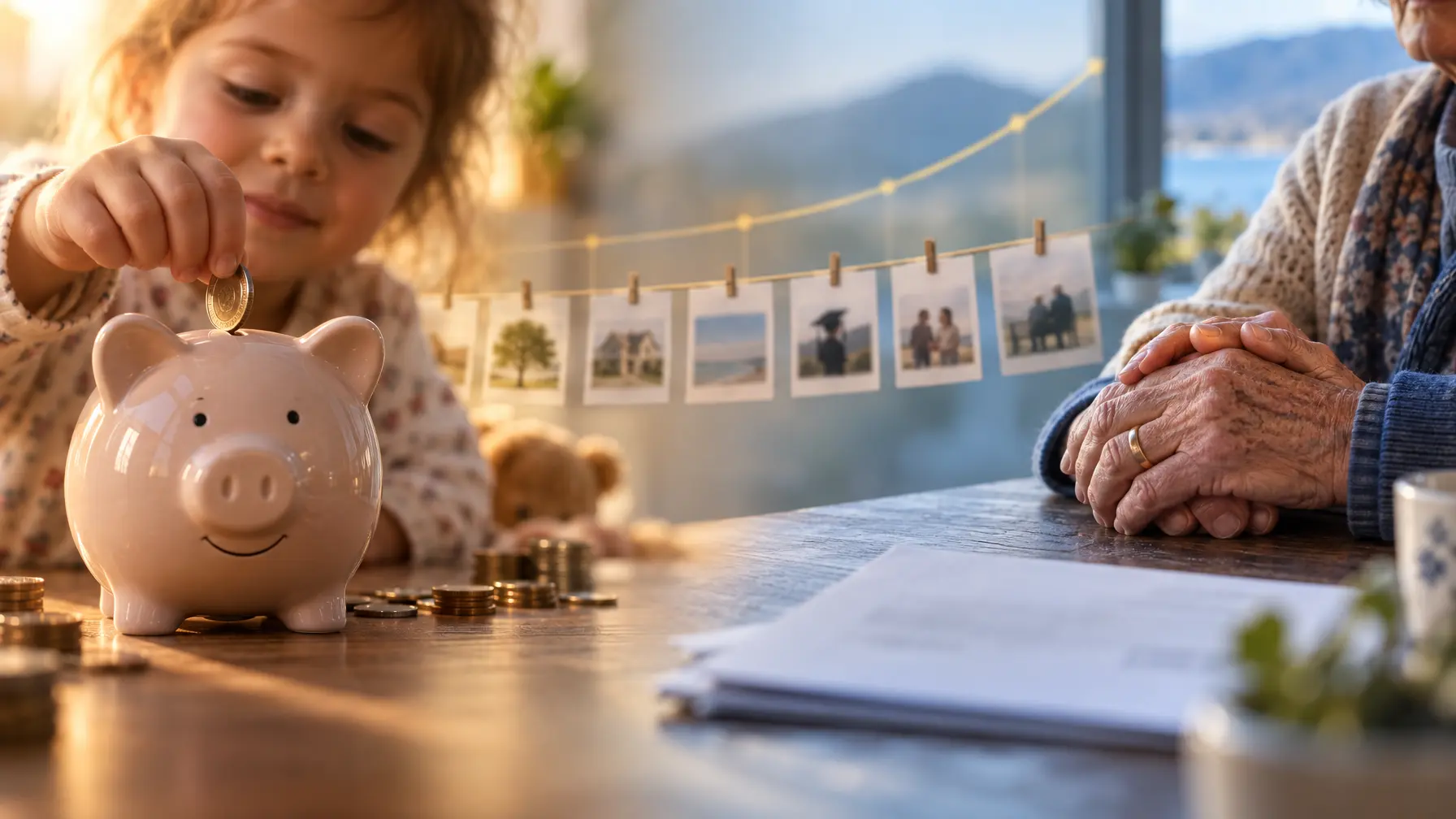 Montage aus Kinderhand am Sparschwein und Händen eines älteren Paares symbolisiert die Rentenreform über Generationen.