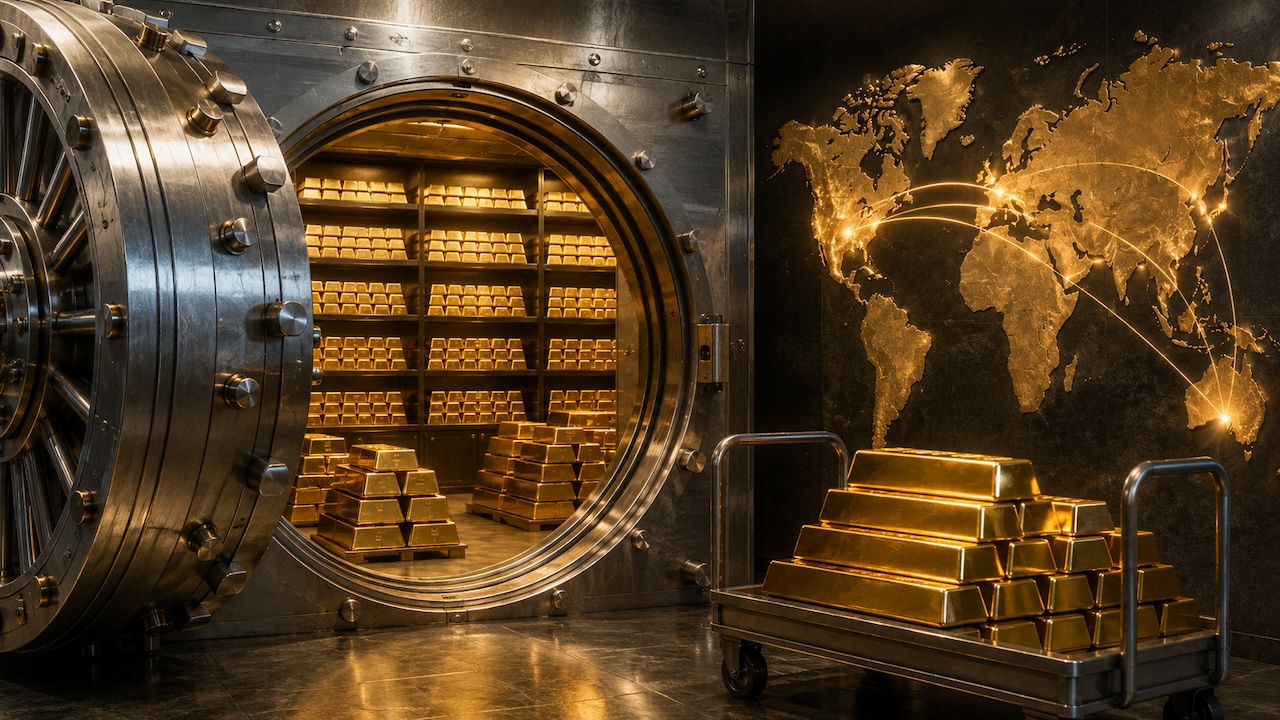 Geöffneter Tresor mit zahlreichen Goldbarren, daneben ein Transportwagen mit weiteren Barren und eine Weltkarte als Symbol für die globale Verlagerung von Goldreserven.