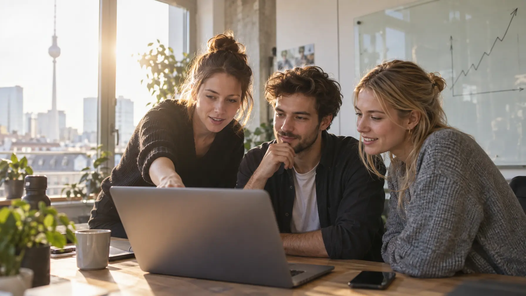 Junges Gründerteam bespricht im Büro konzentriert eine steigende Wachstumskurve am Laptop.