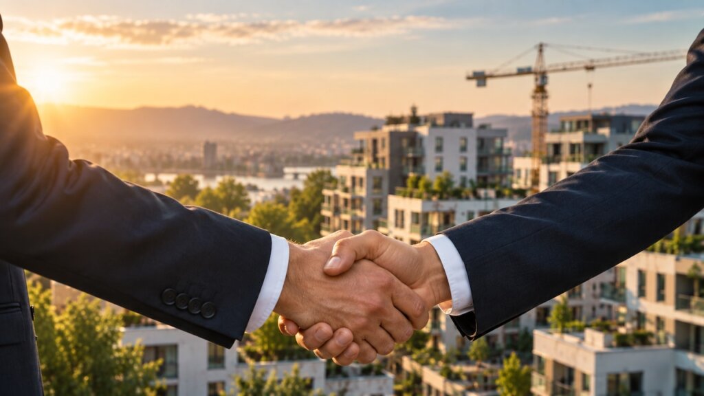 Zwei Geschäftsleute reichen sich vor modernen Wohnimmobilien und einer Baustelle die Hand.